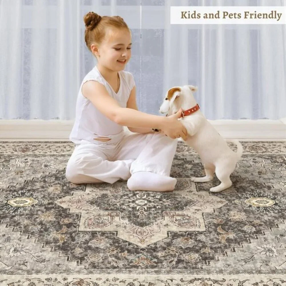 New 4x6 Washable Vintage Rug, Soft Distressed Brown/Grey Non-Slip Carpet